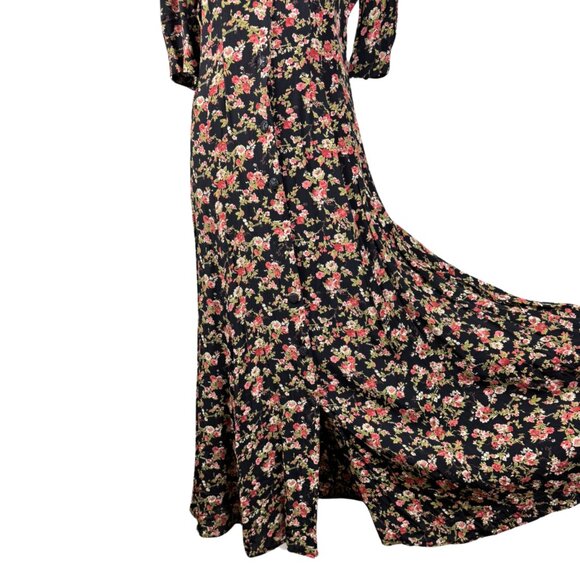 Vintage 90s Express Floral Maxi Dress Button Down Prairie Cottagecore Black - Picture 6 of 9